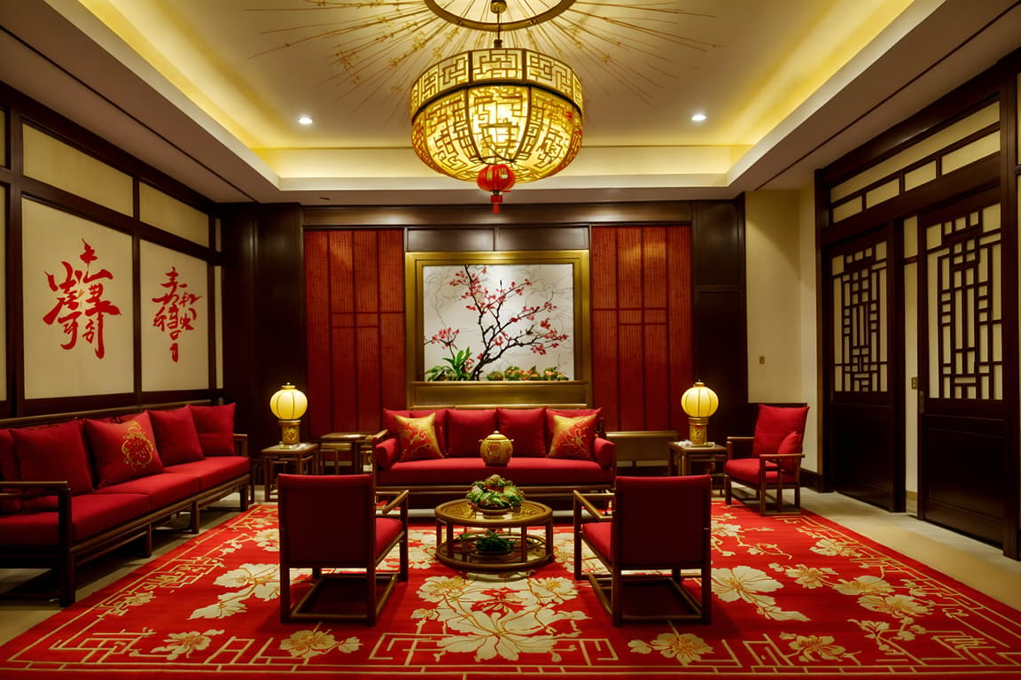 Chinese new year-style (hotel lobby interior) with plant and sofas and ...