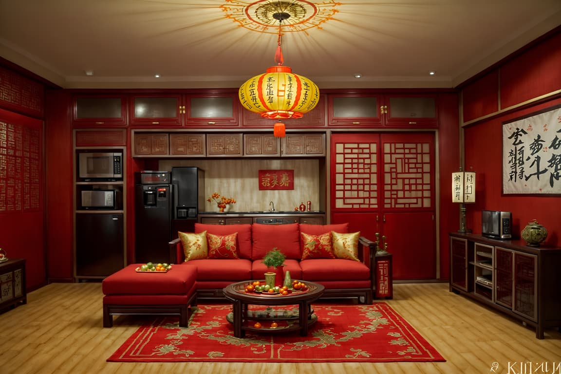 Chinese new year-style (kitchen living combo interior) with televisions ...