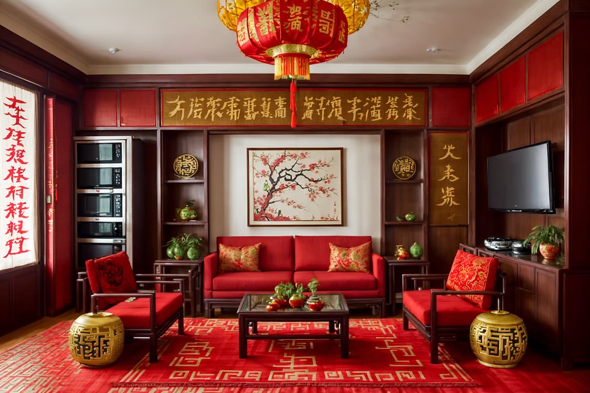 Chinese new year-style (kitchen living combo interior) with televisions ...