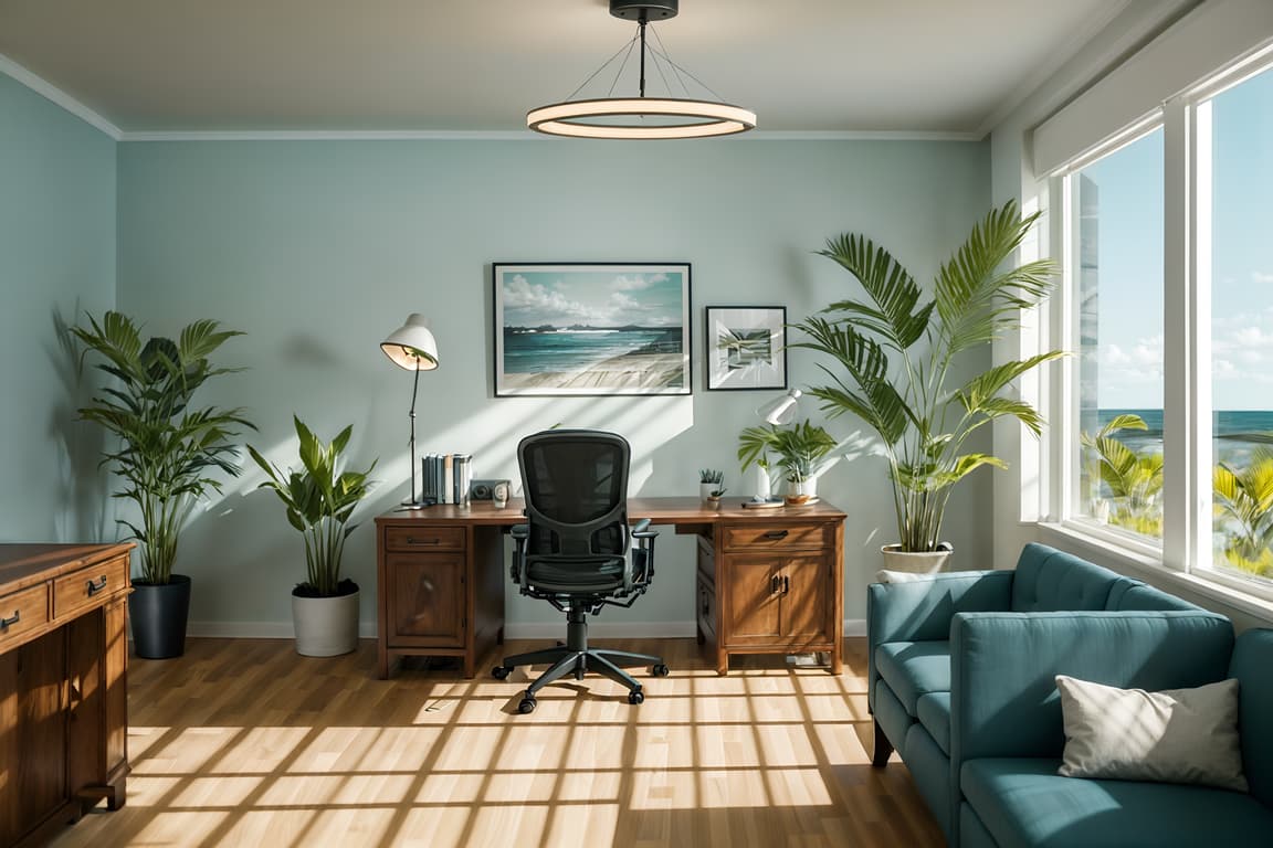 Coastal-style (office interior) with cabinets and office desks and desk ...