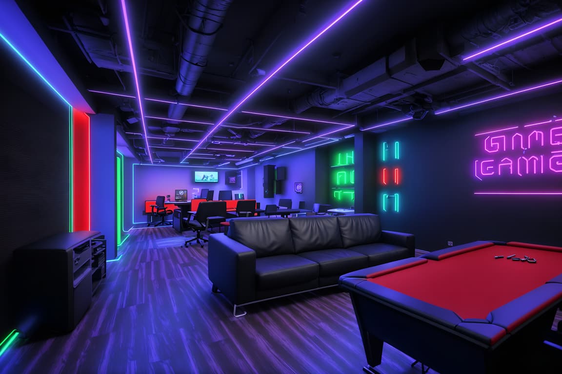 Gaming room-style (coworking space interior) with office desks and ...