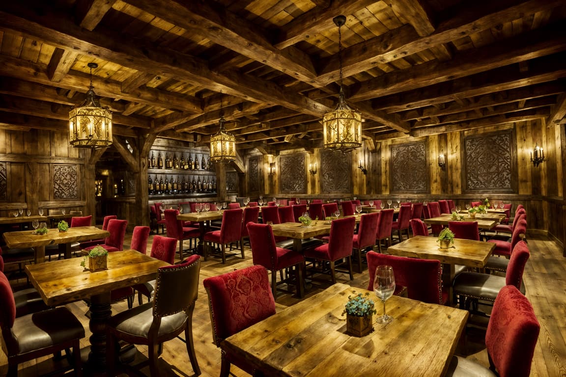 Medieval-style (restaurant interior) with restaurant dining tables and ...