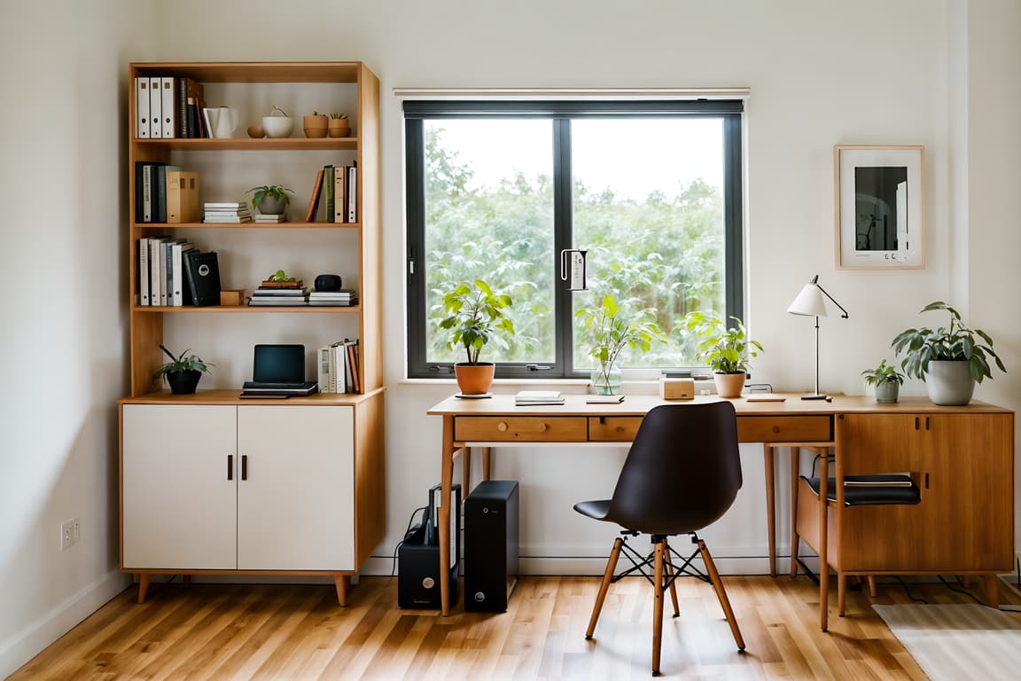 Airbnb-style (study Room Interior) With Bookshelves And Desk Lamp And ...