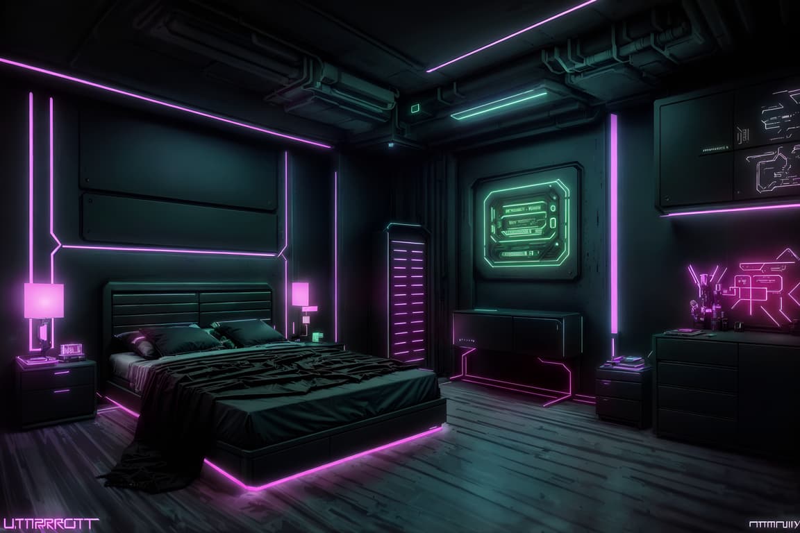 Cyberpunk-style (bedroom interior) with headboard and night light and ...