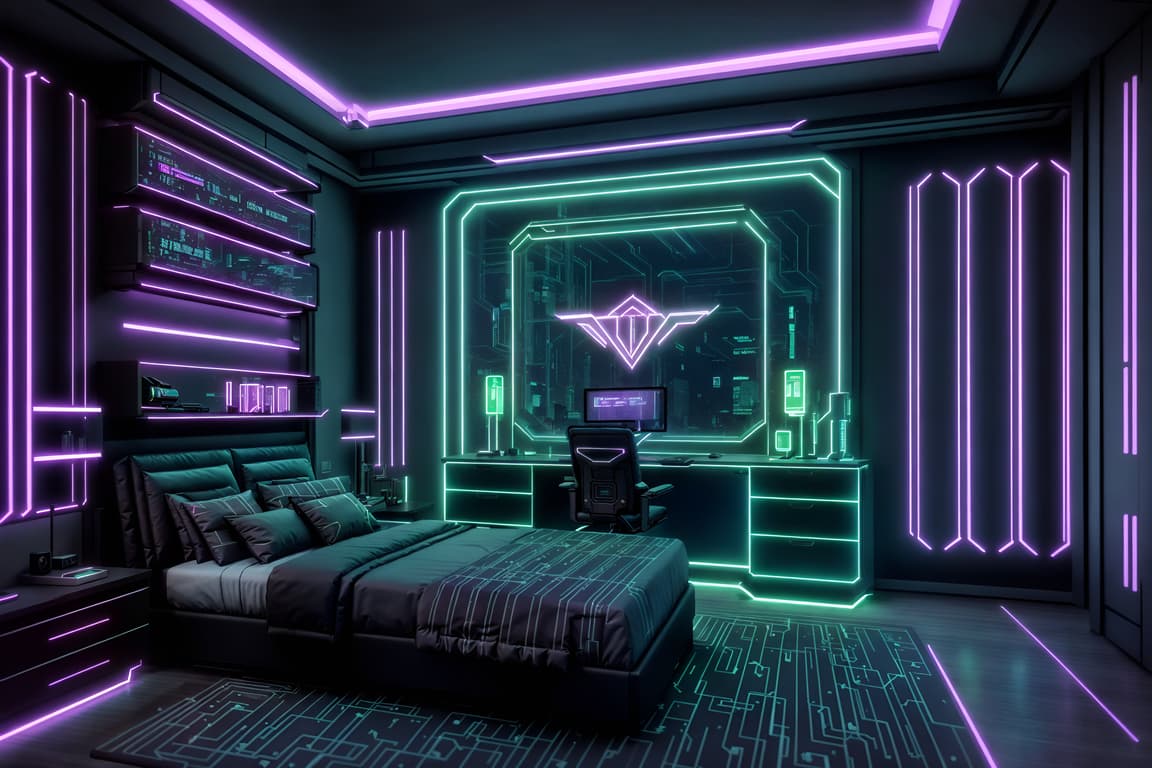 Cyberpunk-style (hotel room interior) with mirror and dresser closet ...