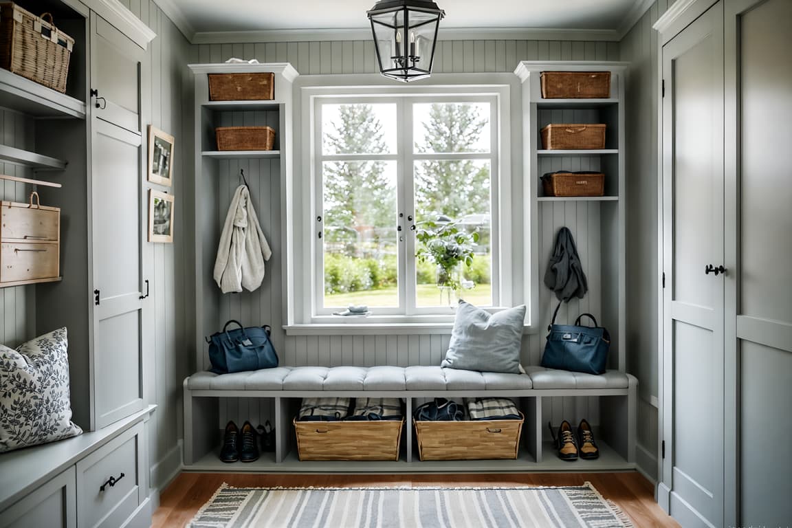 Scandinavian-style (mudroom interior) with a bench and storage drawers ...