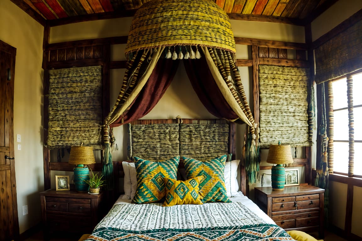 Tribal-style (bedroom Interior) With Dresser Closet And Plant And Night 