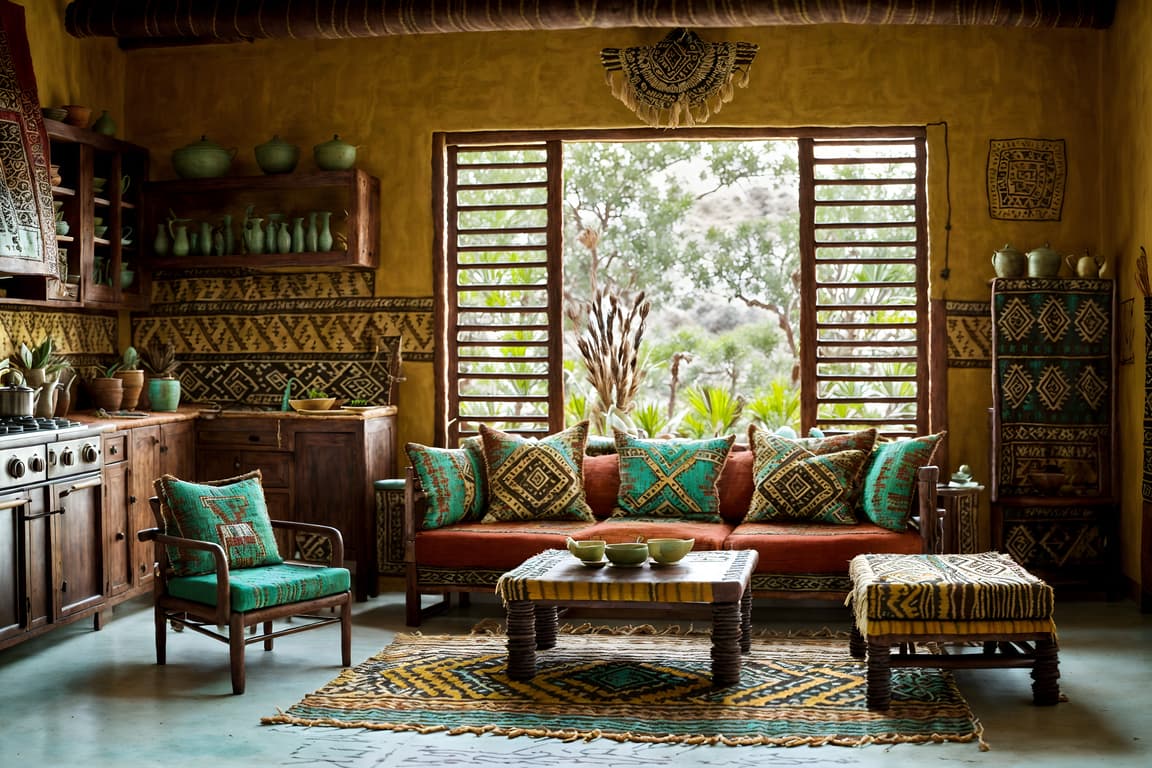 Tribal-style (kitchen living combo interior) with sofa and coffee ...