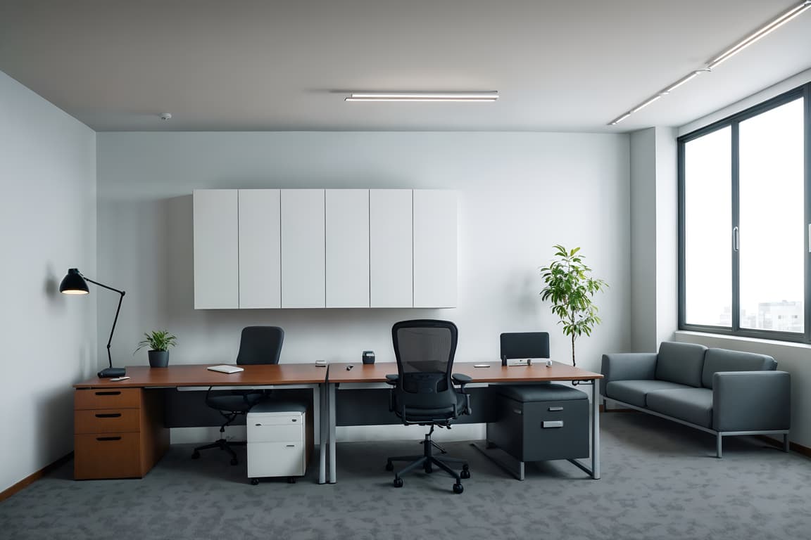 Simple-style (office interior) with cabinets and office desks and desk