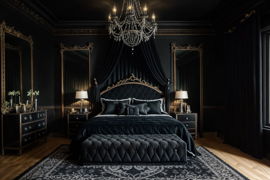 Gothic-style (bedroom interior) with headboard and accent chair and ...