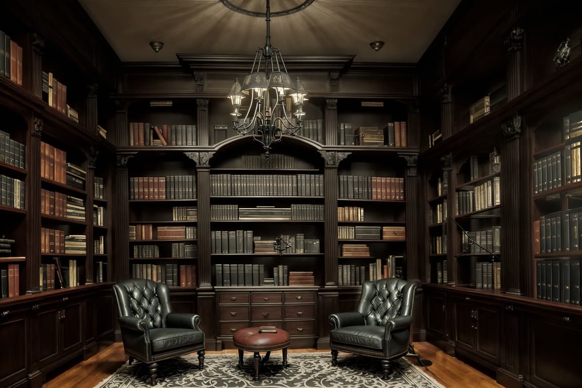 Gothic-style (study Room Interior) With Bookshelves And Lounge Chair 