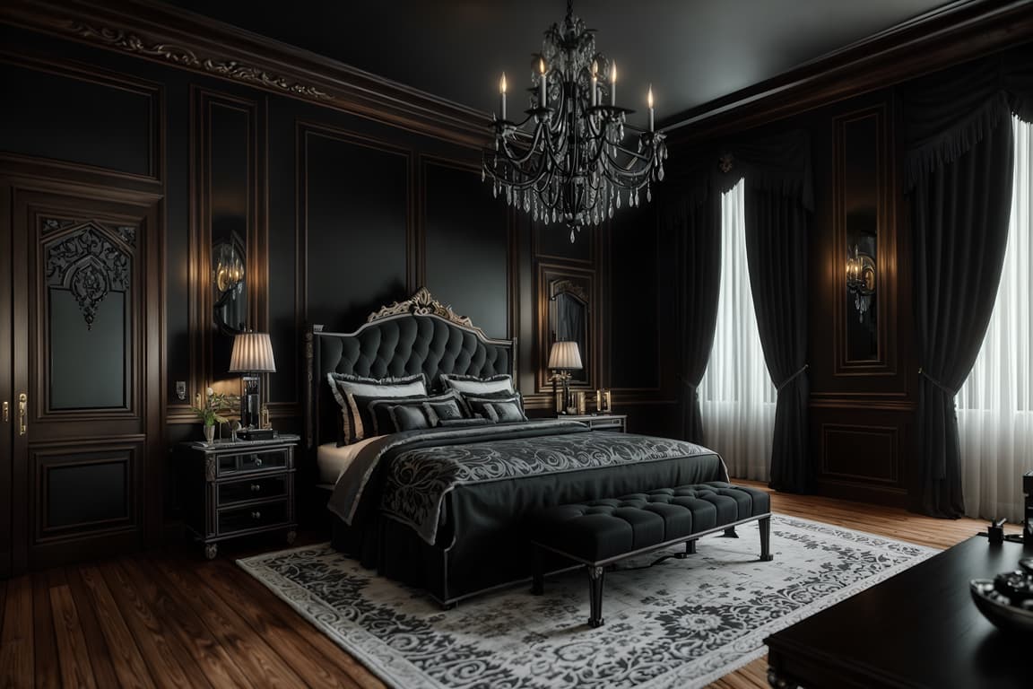 Gothic-style (hotel room interior) with headboard and accent chair and ...