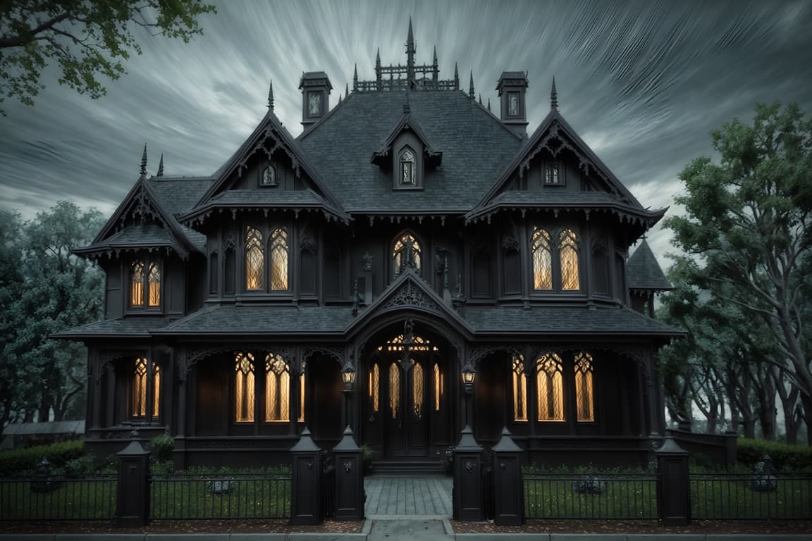 Gothic-style exterior designed (house exterior exterior) . . cinematic ...