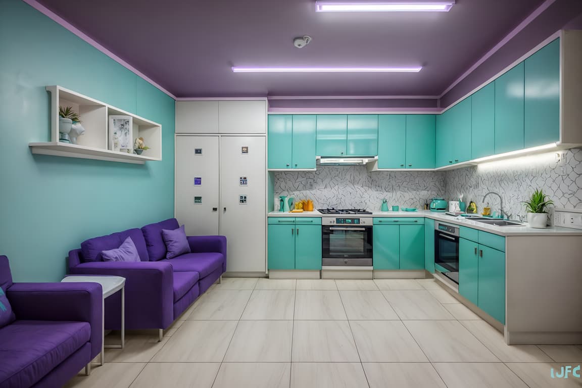 Vaporwave-style (kitchen living combo interior) with sofa and furniture ...