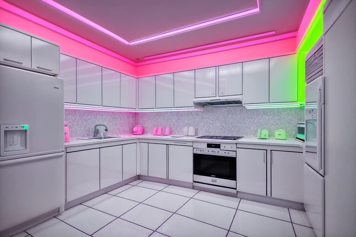 Vaporwave-style (kitchen interior) with kitchen cabinets and plant and ...