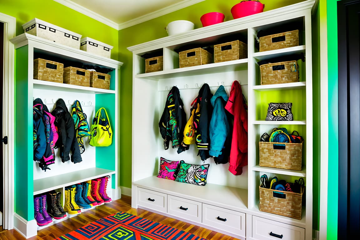 Maximalist-style (mudroom interior) with storage baskets and storage ...