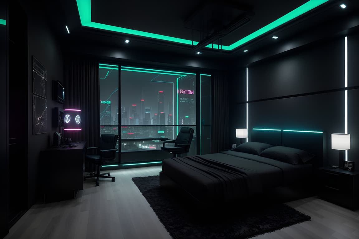 Cyberpunk-style bedroom home interior With military uniforms and gear ...