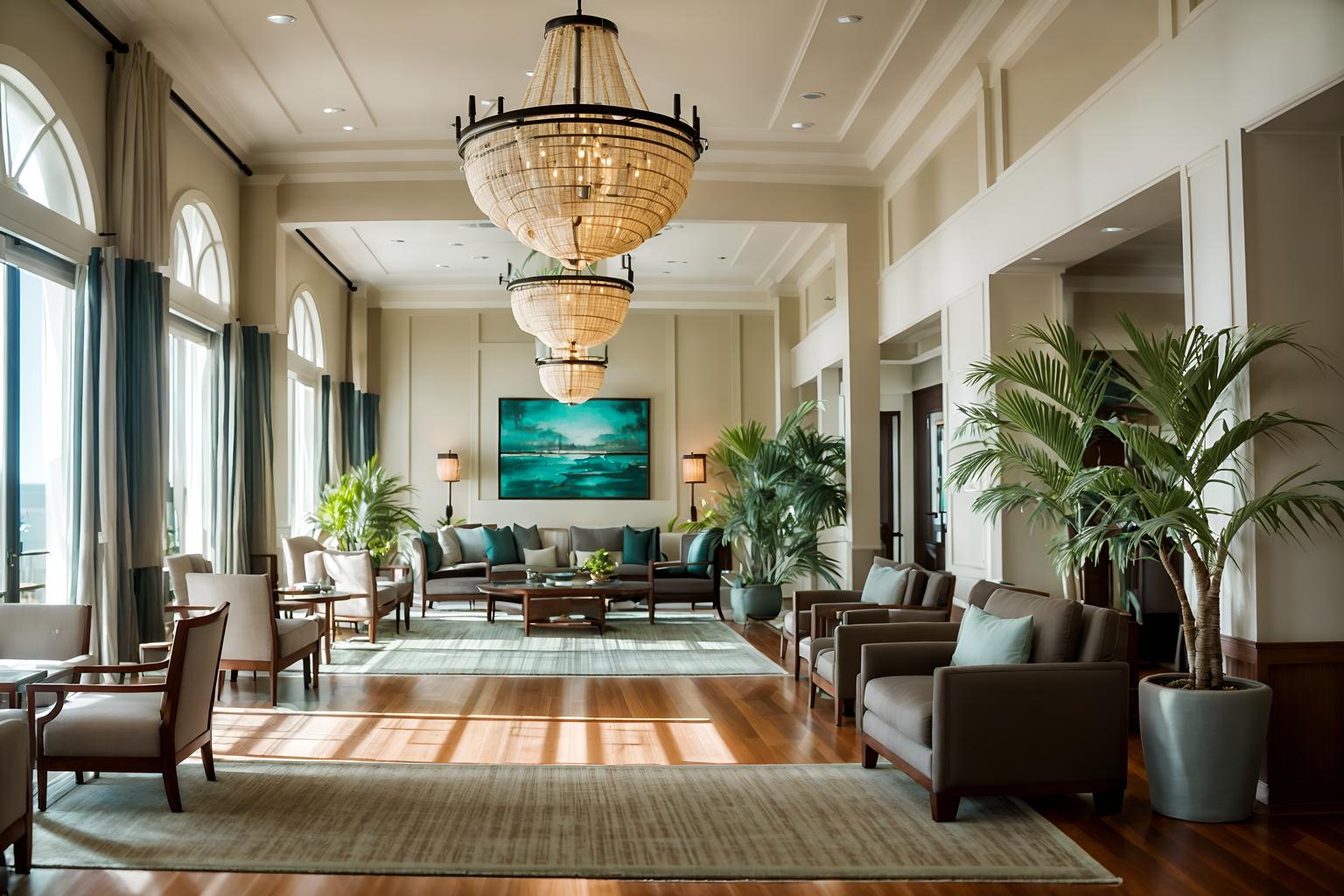 Coastal-style (hotel lobby interior) with hanging lamps and check in ...