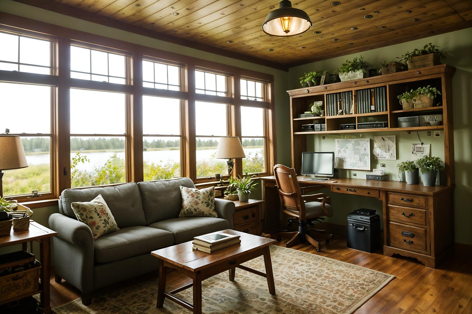 Cottagecore-style (office interior) with computer desks and seating ...