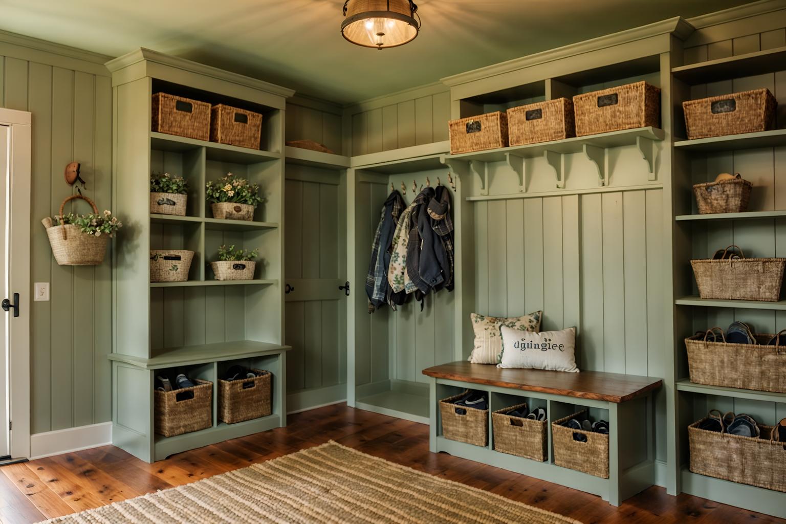 Cottagecore-style (mudroom interior) with storage drawers and shelves ...