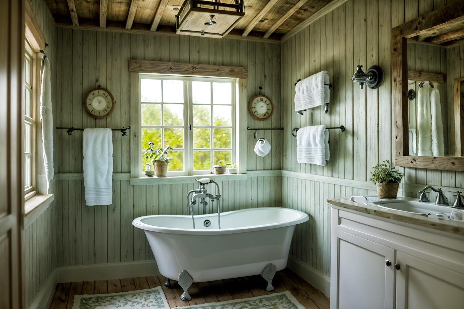 Cottagecore-style (bathroom interior) with shower and bath towel and ...