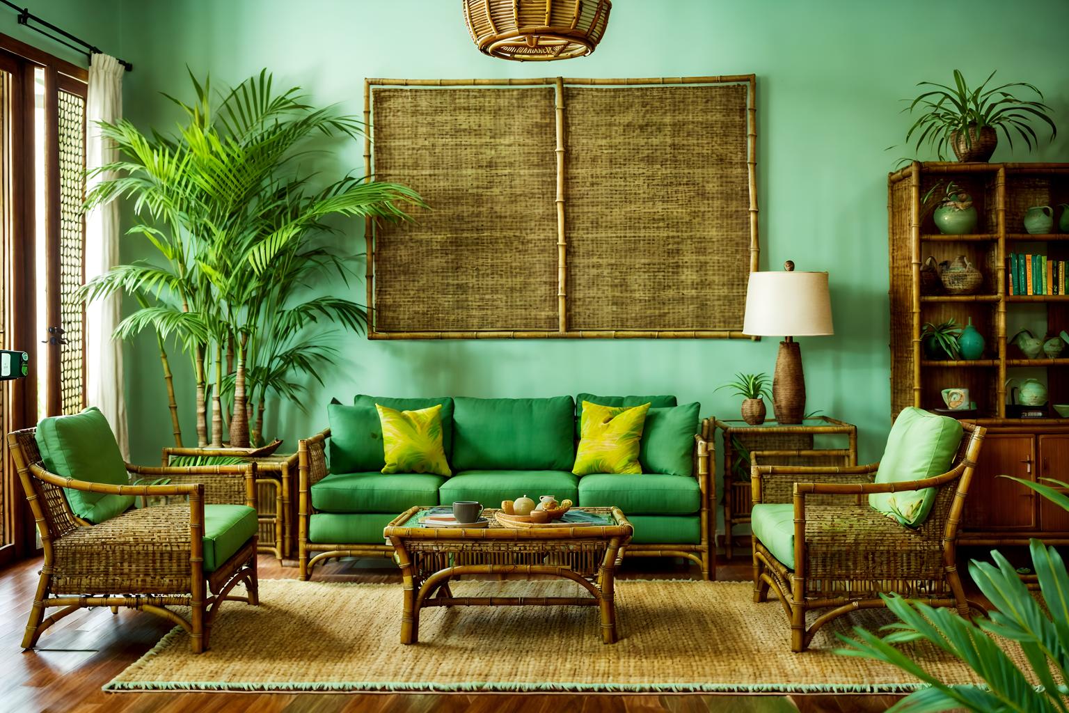 Tropical-style (living room interior) with plant and coffee tables and ...