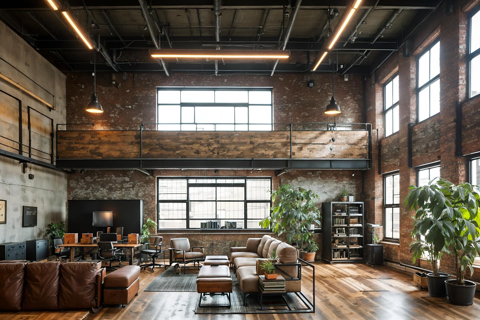 Industrial-style (office interior) with office desks and computer desks ...