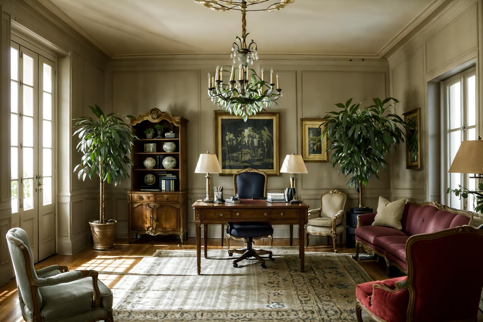 French country-style (office interior) with plants and computer desks ...