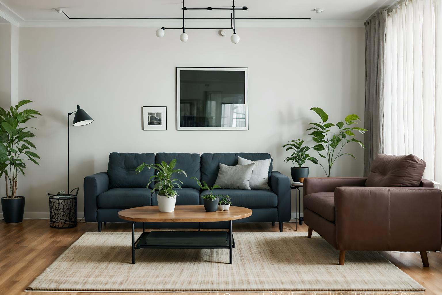 Simple-style (living room interior) with coffee tables and plant and ...