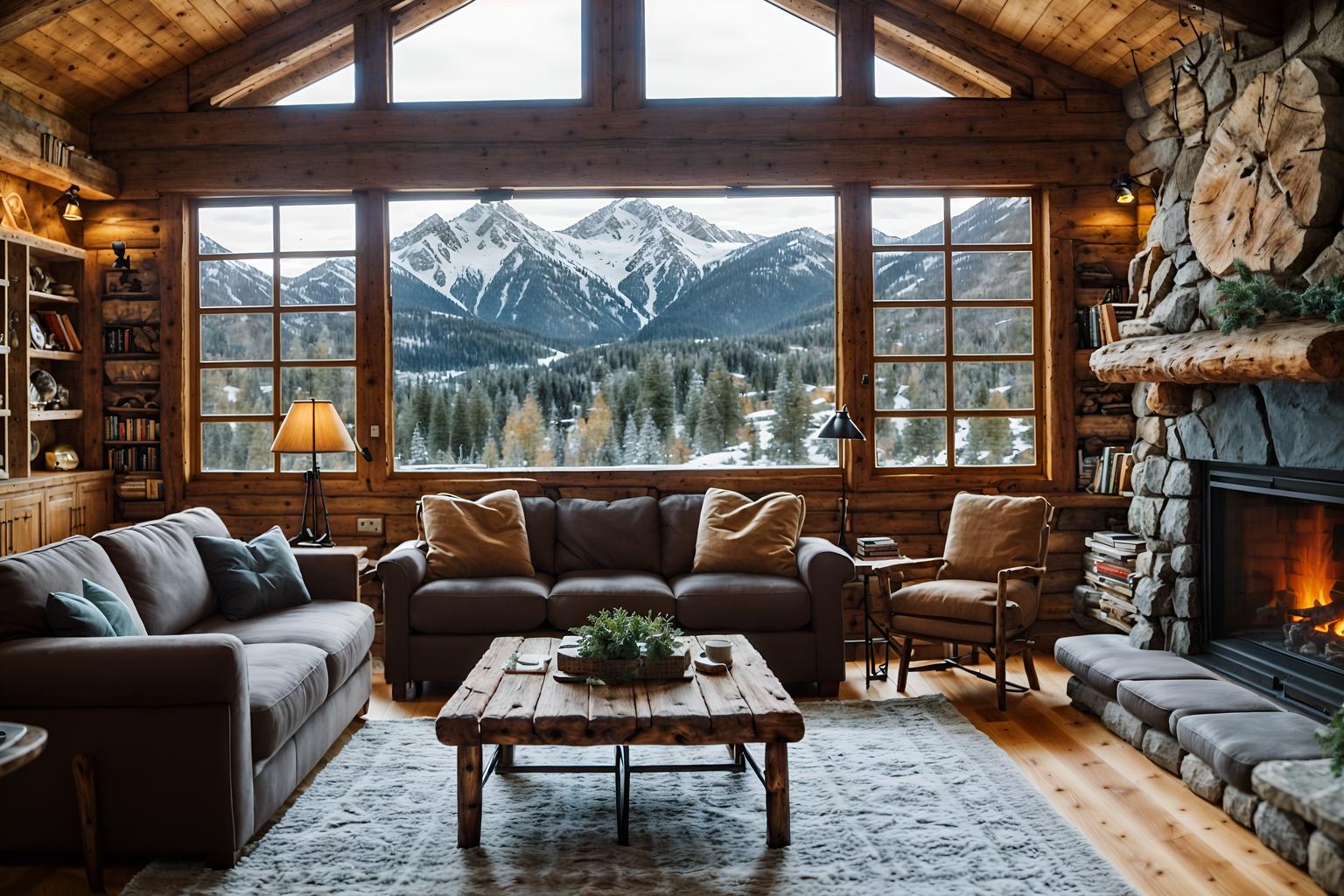 Ski chalet-style (kitchen living combo interior) with sofa and coffee ...