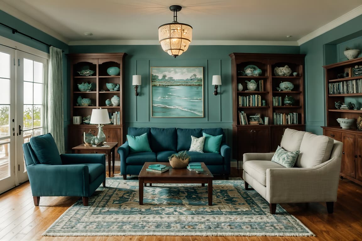 Coastal-style Living Room Interior With Chairs And Furniture And Sofa ...