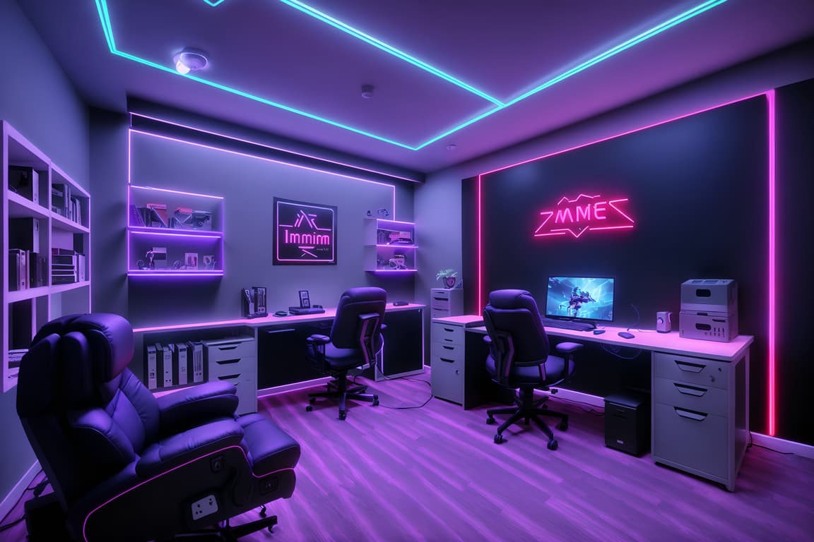 Gaming Room-style Home Office Interior With Cabinets And Computer Desk ...