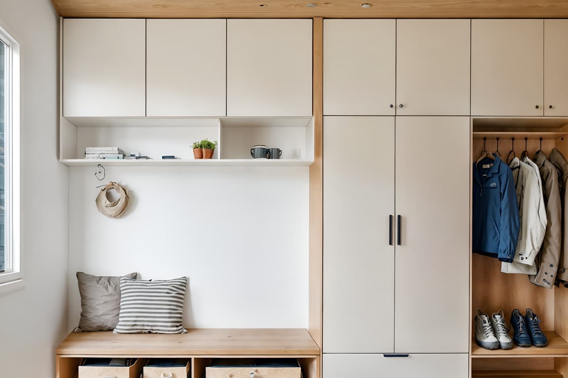 Airbnb-style Drop Zone Interior With A Bench And Cubbies And Cabinets ...