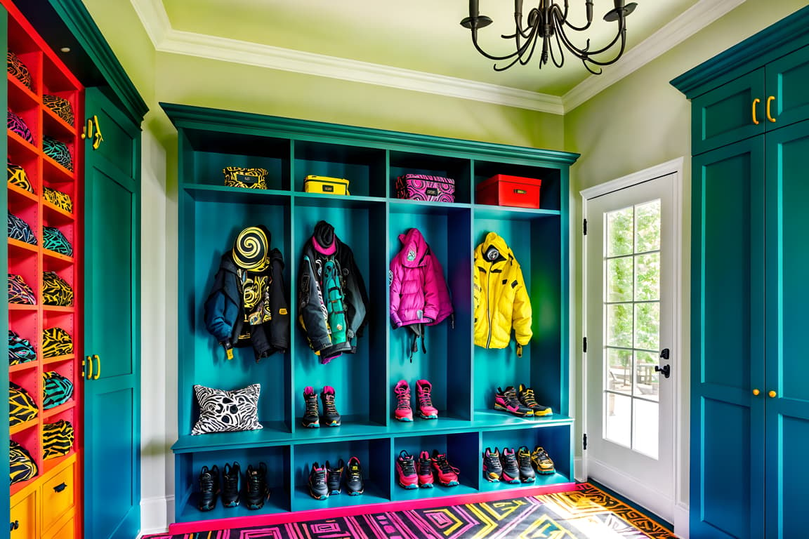 Maximalist-style Mudroom Interior With High Up Storage And Cabinets And ...