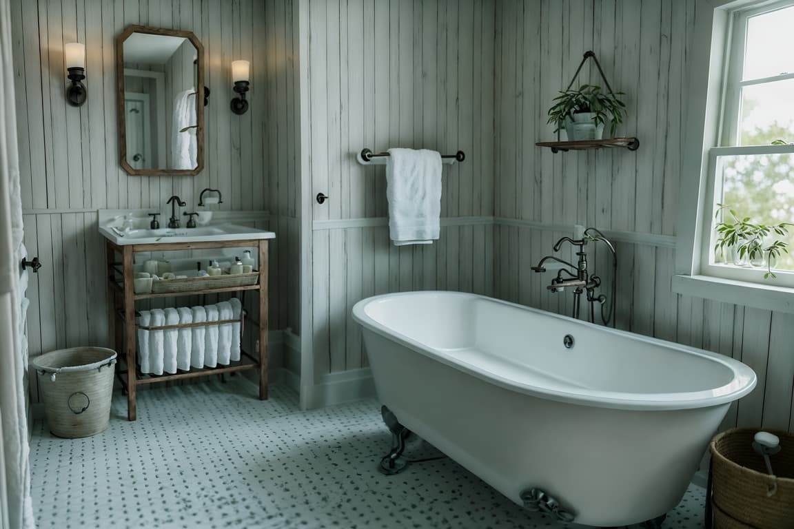 Farmhouse-style Hotel Bathroom Interior With Shower And Waste Basket ...