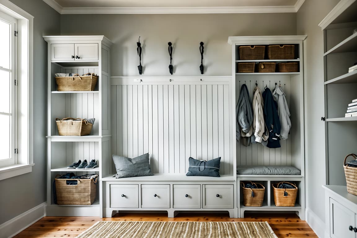 Scandinavian-style Mudroom Interior With A Bench And Storage Drawers 