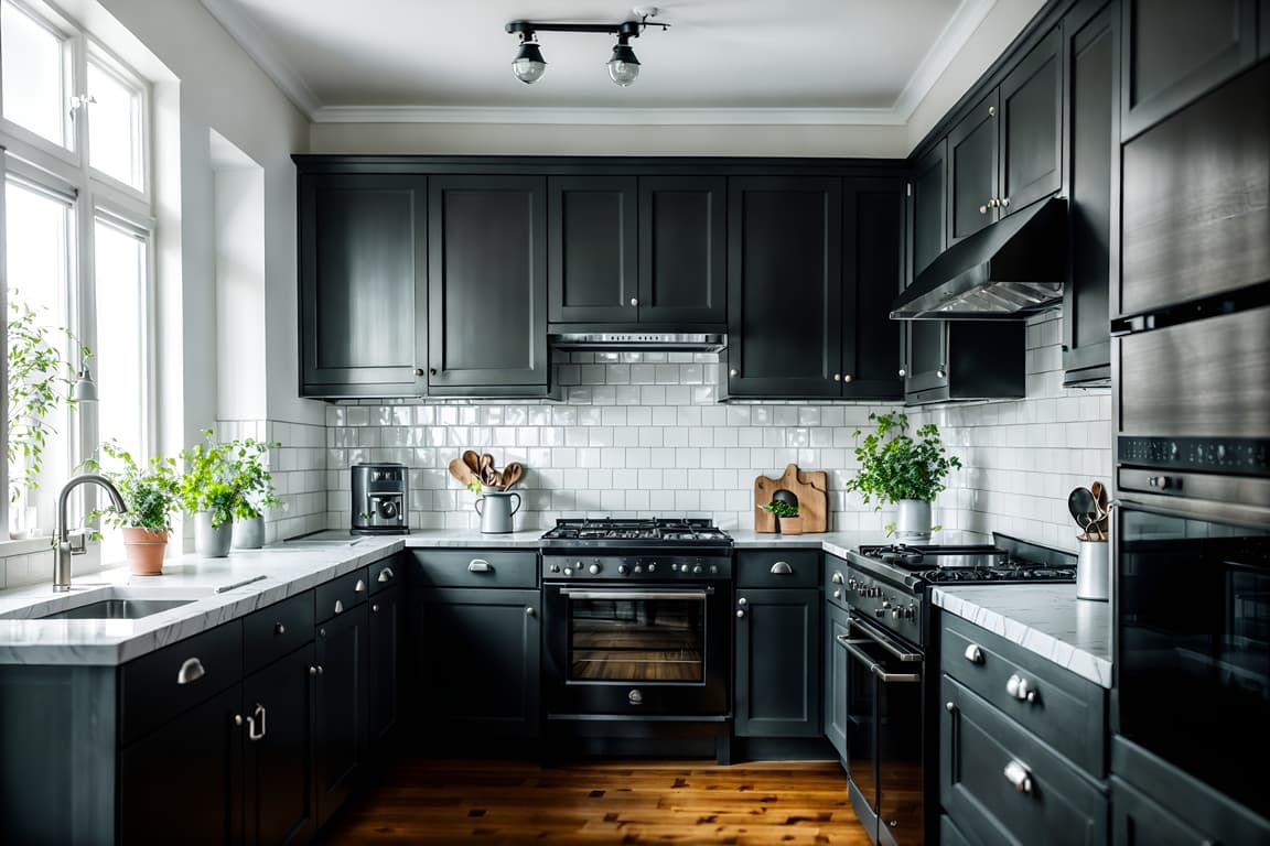 Scandinavian-style Kitchen Interior With Kitchen Cabinets And Plant And ...