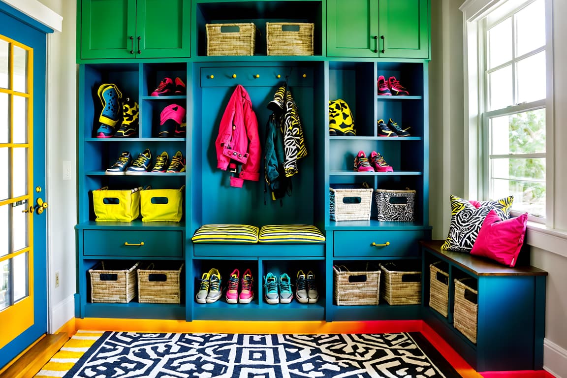 Maximalist-style Mudroom Interior With Storage Baskets And Storage ...