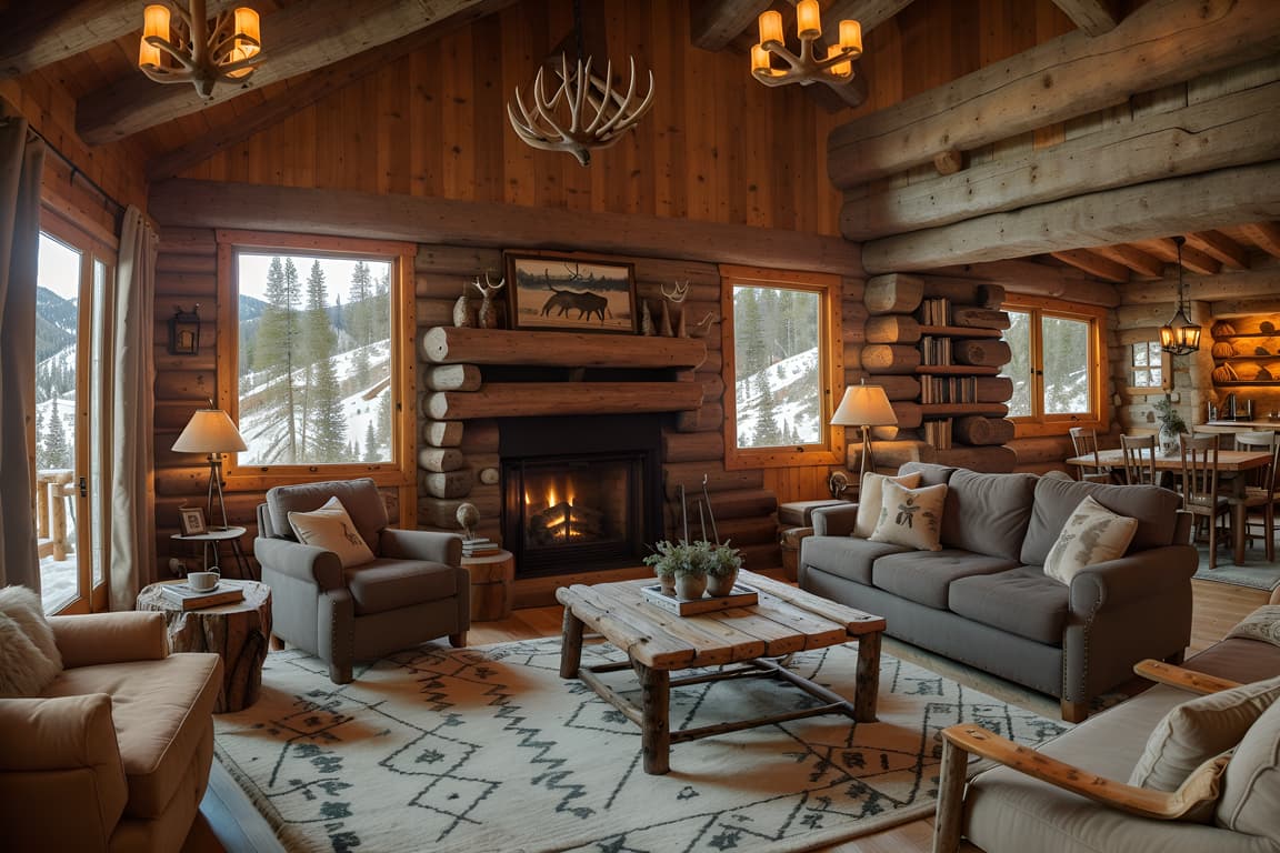 Ski Chalet-style Living Room Home Interior With Hanging Wall Elk Antler ...