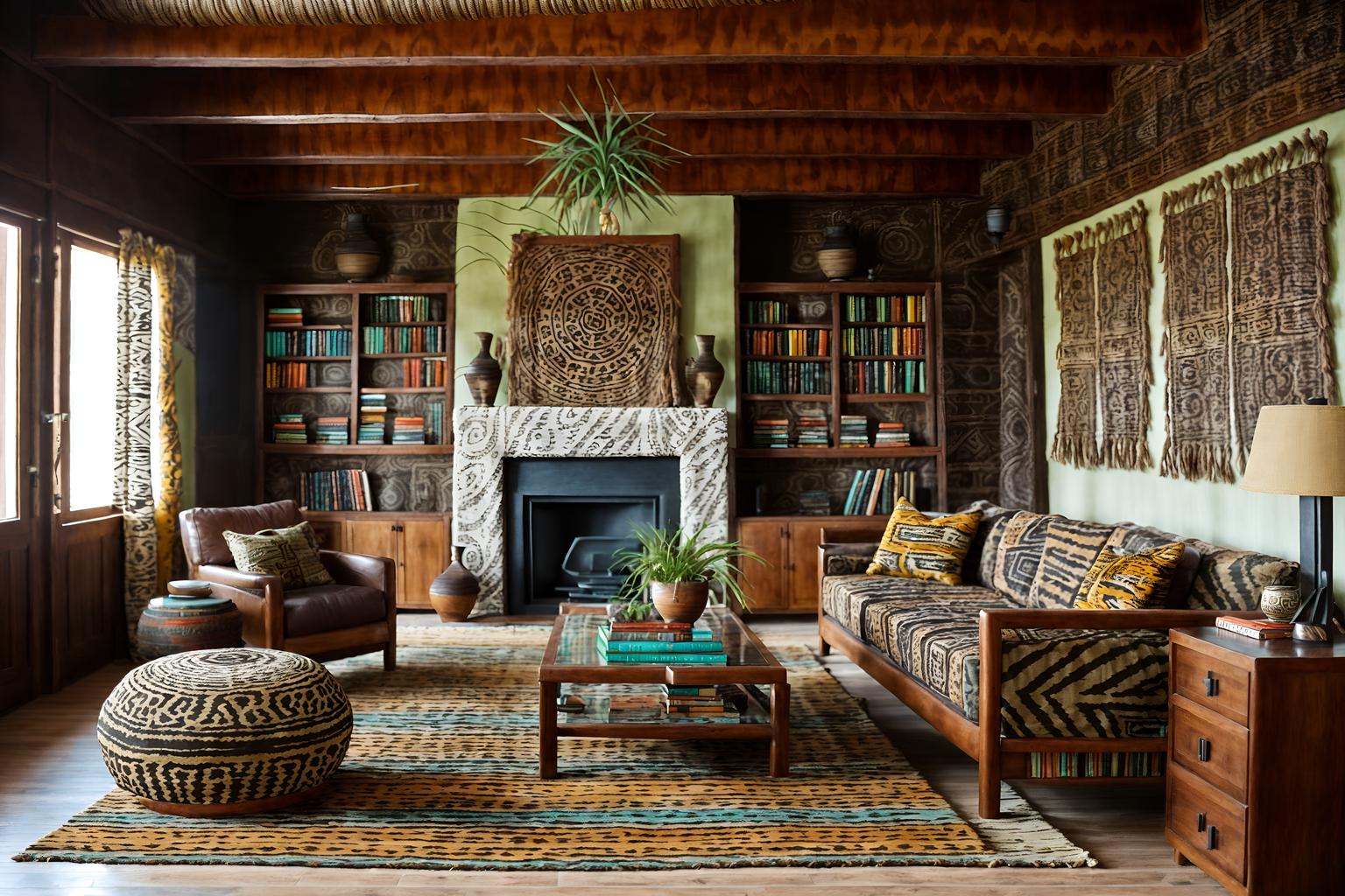 Tribal-style (living room interior) With bookshelves and occasional tables and televisions and electric lamps and rug and furniture and coffee tables and plant. . With animal prints and tribal patterns and intricate grass weaving and planks of stone and desert colours and hand dyed batik fabrics and exuberant splashes of colour and animal furslinen. . Cinematic photo, highly detailed, cinematic lighting, ultra-detailed, ultrarealistic, photorealism, 8k. Tribal interior design style