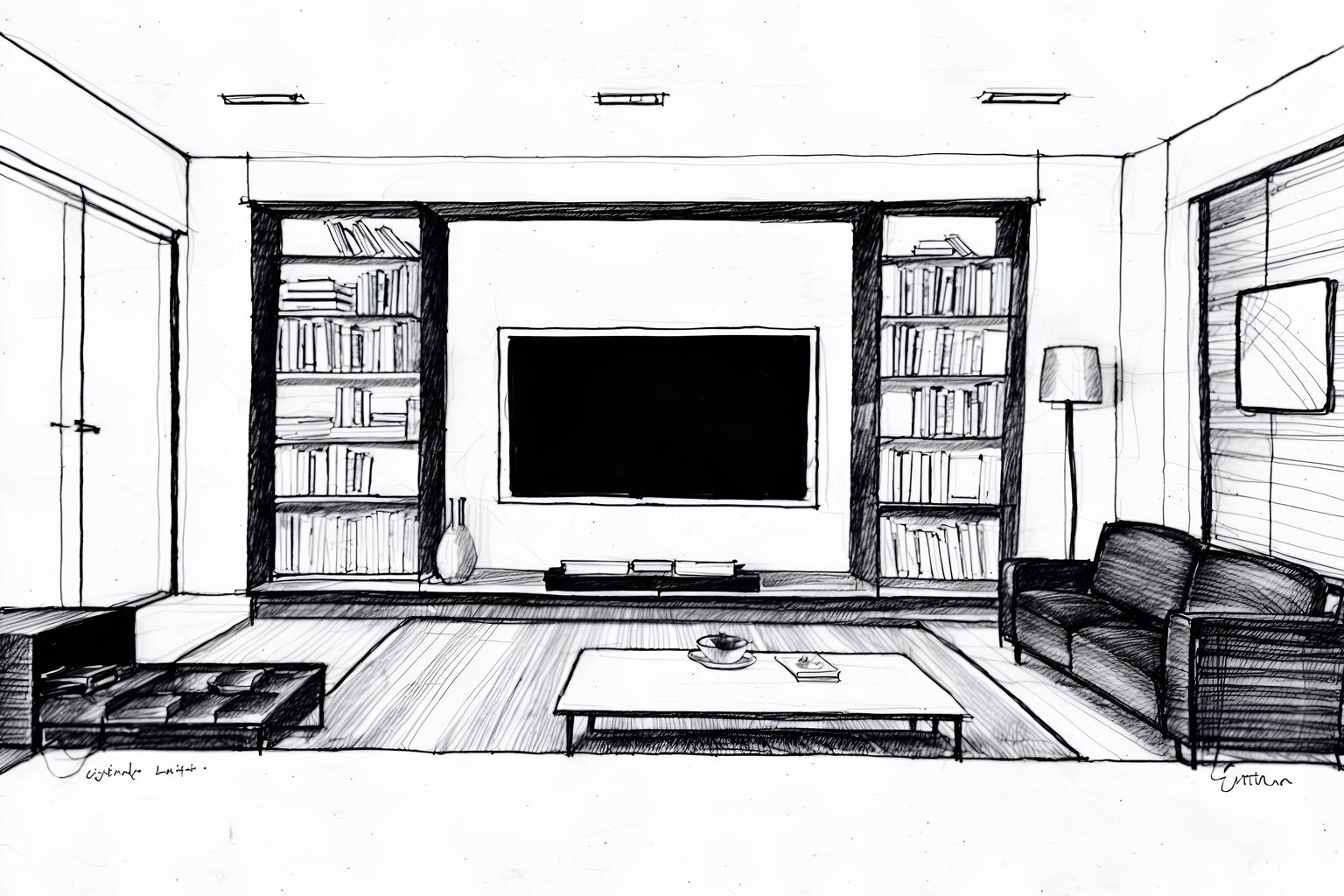 (Hand-drawn monochrome black and white sketch line drawing)++ of Sketch-style (living room) apartment interior. A sketch of interior. With . A sketch of interior. With televisions and bookshelves and sofa. Trending on Artstation. Black and white line drawing sketch without colors.