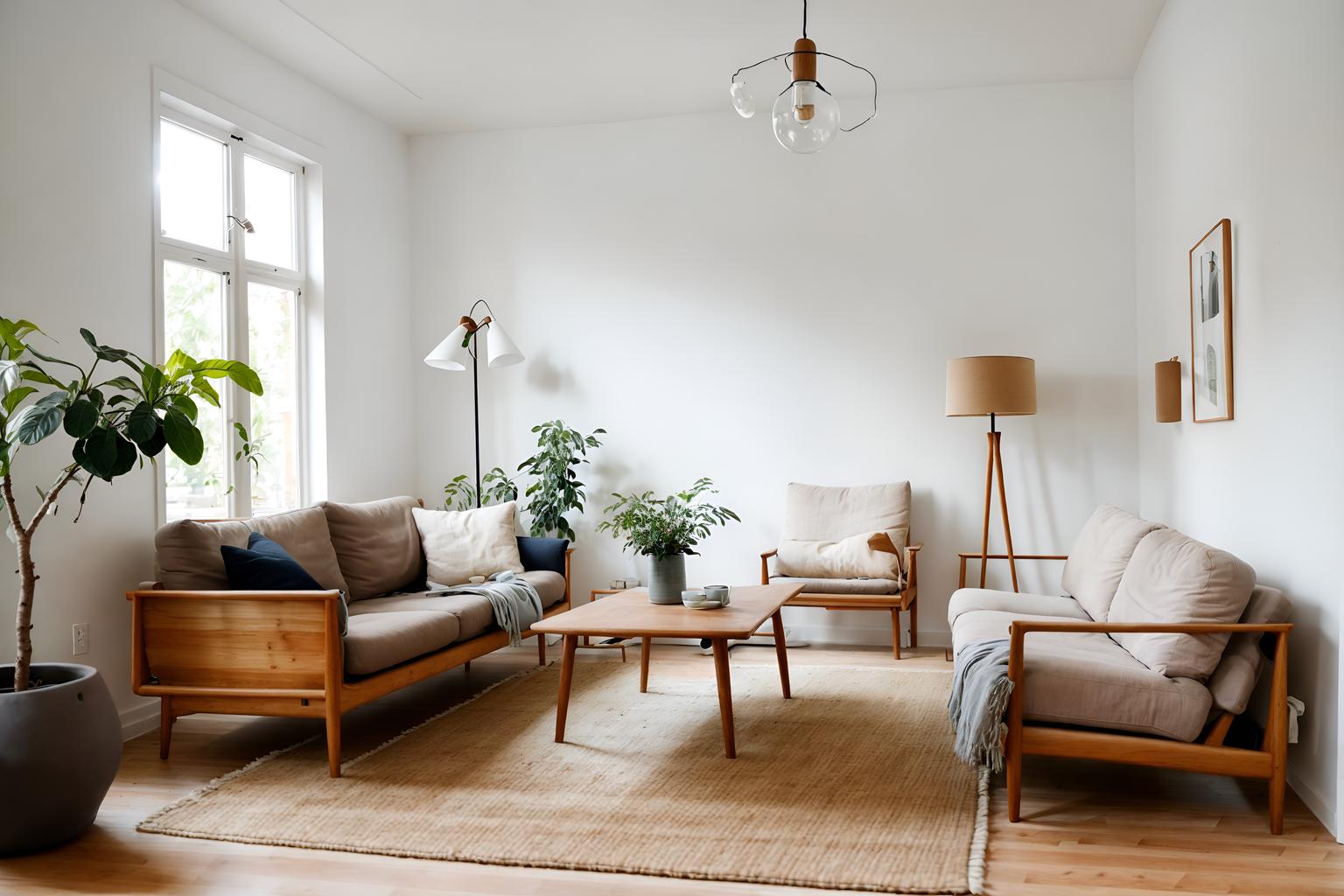 Airbnb-style (living room interior) With plant and furniture and sofa and occasional tables and rug and electric lamps and bookshelves and coffee tables. . With Natural Materials and Elements and Scandinavian style and Simple, Clean Lines and Simplistic Furniture and Practicality and Functionality and Open and Natural Lighting and Simple Color Palette and Neutral Walls and Textures and Natural Materials and Elements. . Cinematic photo, highly detailed, cinematic lighting, ultra-detailed, ultrarealistic, photorealism, 8k. Airbnb interior design style