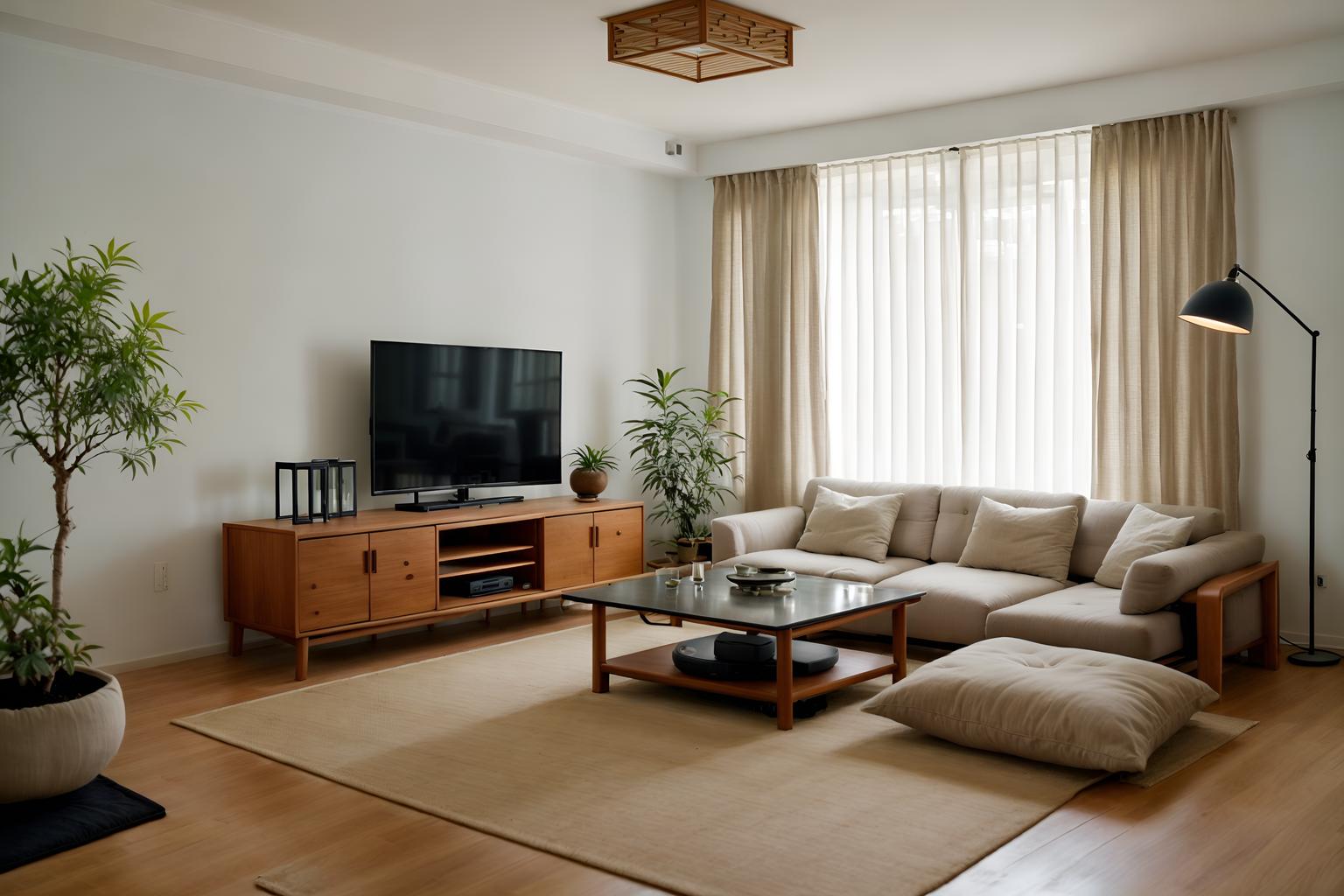 Zen-style (living room interior) With plant and furniture and rug and sofa and televisions and chairs and coffee tables and electric lamps. . With calm and neutral colors and clutter free and simple furniture and simplicity and mimimalist and clean lines and Japanese minimalist interior and natural textures. . Cinematic photo, highly detailed, cinematic lighting, ultra-detailed, ultrarealistic, photorealism, 8k. Zen interior design style