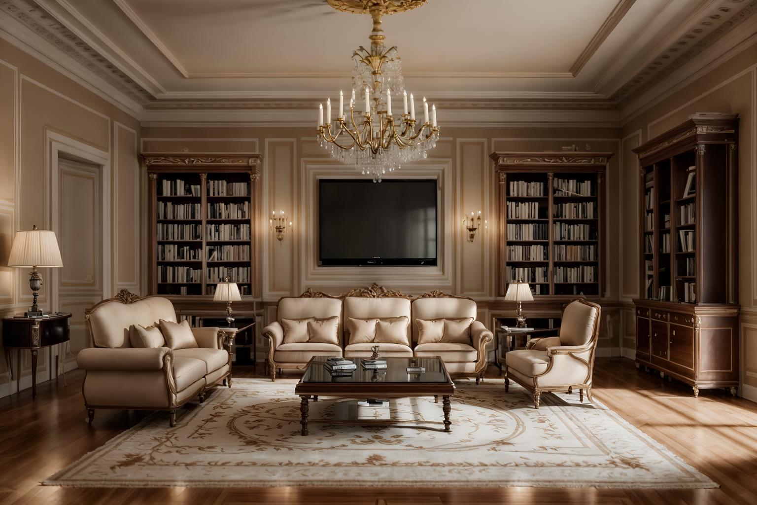 Neoclassic-style (living room interior) With electric lamps and coffee tables and sofa and chairs and furniture and televisions and bookshelves and occasional tables. . . Cinematic photo, highly detailed, cinematic lighting, ultra-detailed, ultrarealistic, photorealism, 8k. Neoclassic interior design style