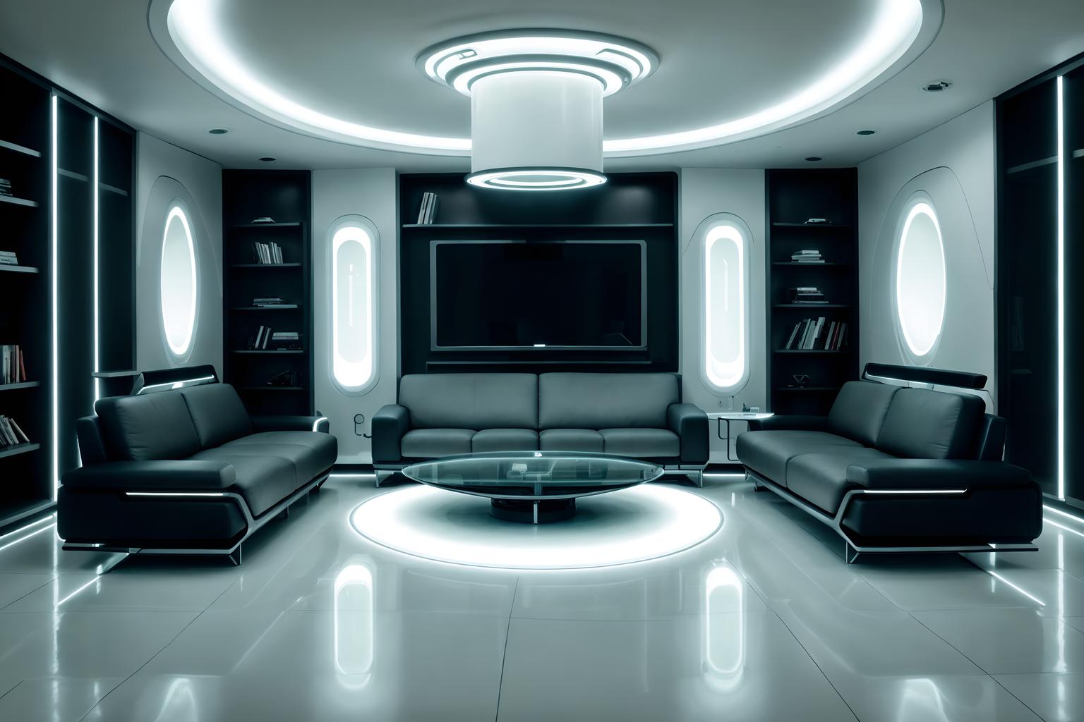Futuristic-style (living room interior) With televisions and sofa and furniture and rug and plant and occasional tables and chairs and bookshelves. . With minimalist clean lines and circular shapes and spaceship interior and futurism minimalist interior and glass panes and light colors and futurism and futuristic interior. . Cinematic photo, highly detailed, cinematic lighting, ultra-detailed, ultrarealistic, photorealism, 8k. Futuristic interior design style
