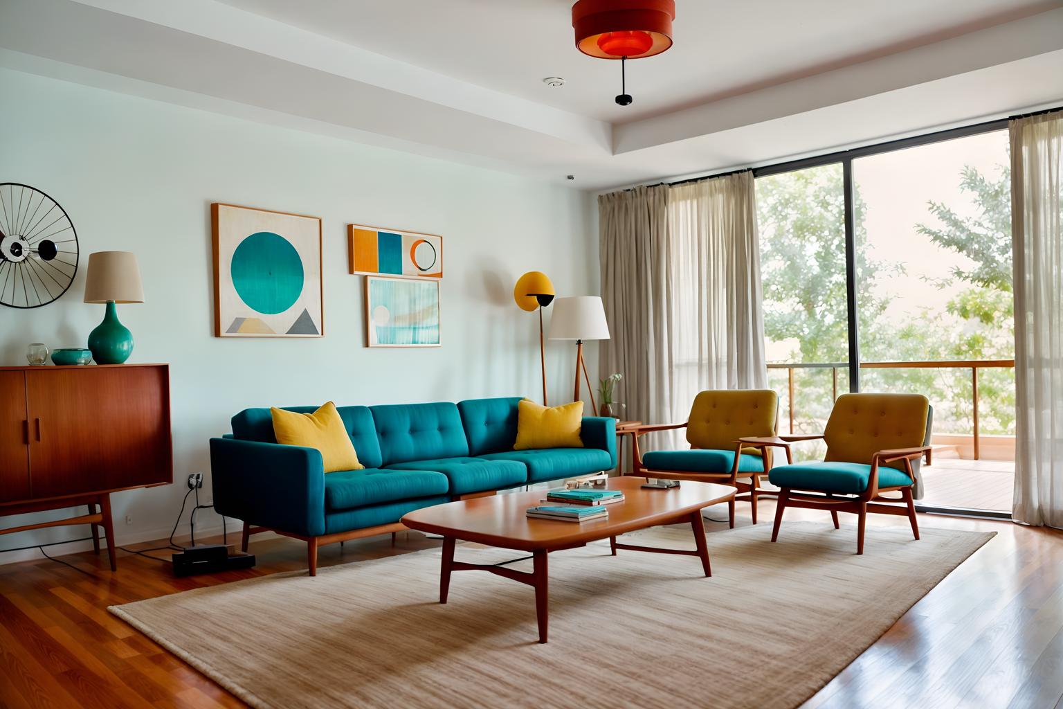 Midcentury modern-style (living room interior) With televisions and electric lamps and furniture and rug and coffee tables and occasional tables and sofa and chairs. . With integrating indoor and outdoor motifs and vibrant colors and graphic shapes and organic and geometric shapes and function over form and natural and manmade materials and muted tones and clean lines. . Cinematic photo, highly detailed, cinematic lighting, ultra-detailed, ultrarealistic, photorealism, 8k. Midcentury modern interior design style