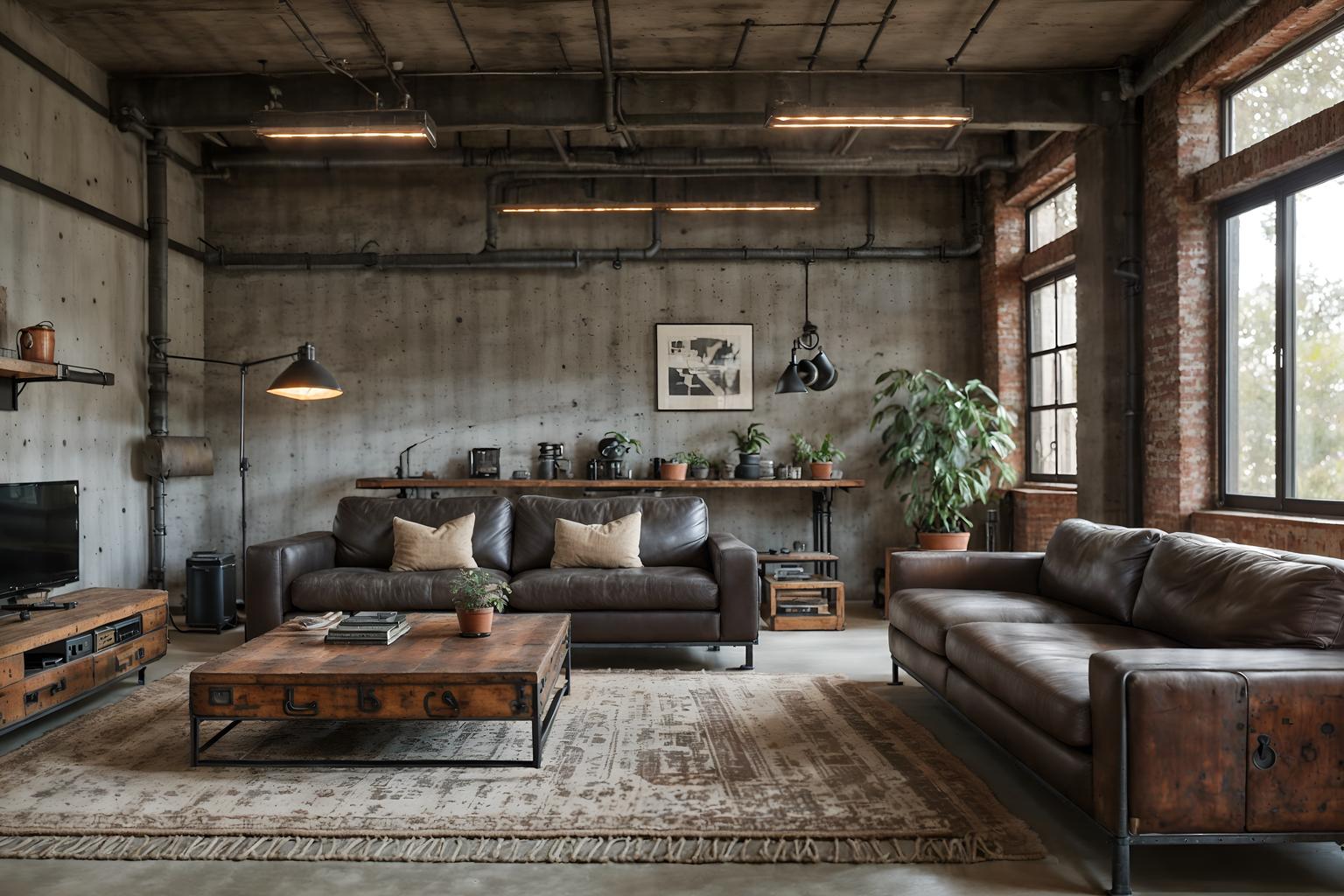 Industrial-style (living room interior) With furniture and electric lamps and coffee tables and occasional tables and plant and televisions and rug and chairs. . With exposed rafters and neutral tones and exposed concrete and factory style and utilitarian objects and reclaimed wood and metal panels and raw aesthetic. . Cinematic photo, highly detailed, cinematic lighting, ultra-detailed, ultrarealistic, photorealism, 8k. Industrial interior design style