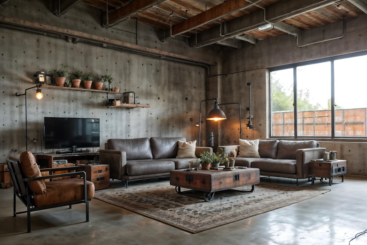 Industrial-style (living room interior) With furniture and electric lamps and coffee tables and occasional tables and plant and televisions and rug and chairs. . With exposed rafters and neutral tones and exposed concrete and factory style and utilitarian objects and reclaimed wood and metal panels and raw aesthetic. . Cinematic photo, highly detailed, cinematic lighting, ultra-detailed, ultrarealistic, photorealism, 8k. Industrial interior design style