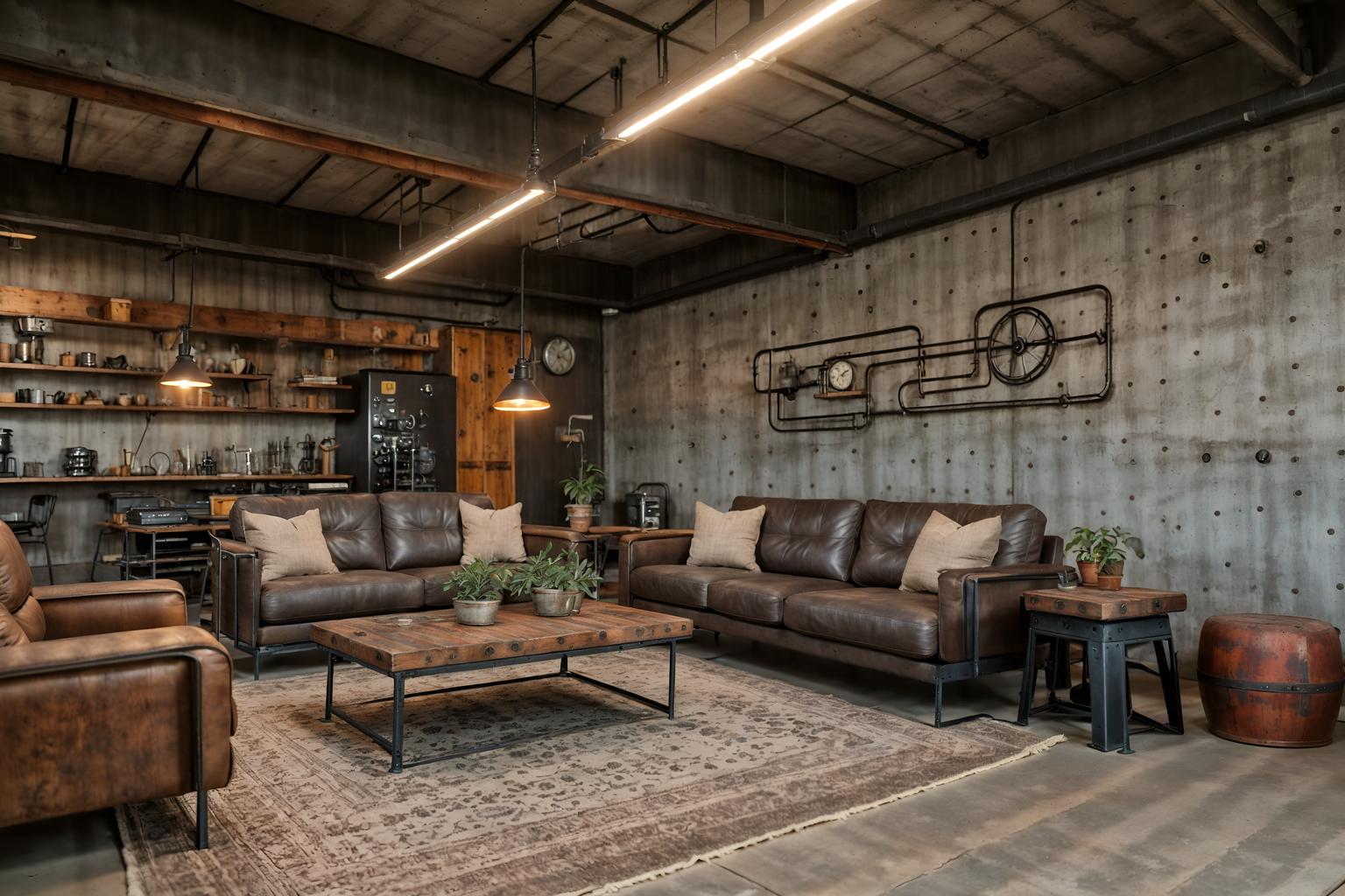 Industrial-style (living room interior) With furniture and electric lamps and coffee tables and occasional tables and plant and televisions and rug and chairs. . With exposed rafters and neutral tones and exposed concrete and factory style and utilitarian objects and reclaimed wood and metal panels and raw aesthetic. . Cinematic photo, highly detailed, cinematic lighting, ultra-detailed, ultrarealistic, photorealism, 8k. Industrial interior design style