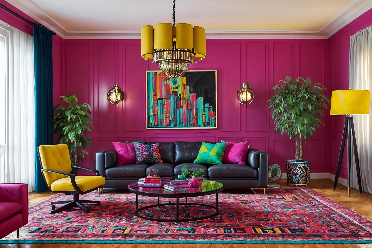 Maximalist-style (living room interior) With coffee tables and electric lamps and rug and televisions and sofa and chairs and plant and furniture. . With eye-catching and bold design and vibrant and bold colors and bold creativity and more is more philosophy and playful and bold patterns. . Cinematic photo, highly detailed, cinematic lighting, ultra-detailed, ultrarealistic, photorealism, 8k. Maximalist interior design style